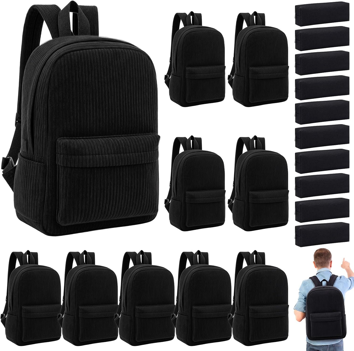 20 Pcs Bulk Corduroy Backpacks and Zipper Pouches Set 16 Inch Backpacks in Bulk and Pencil Pouches for Travel, Donation, Camping Daily Use, Black