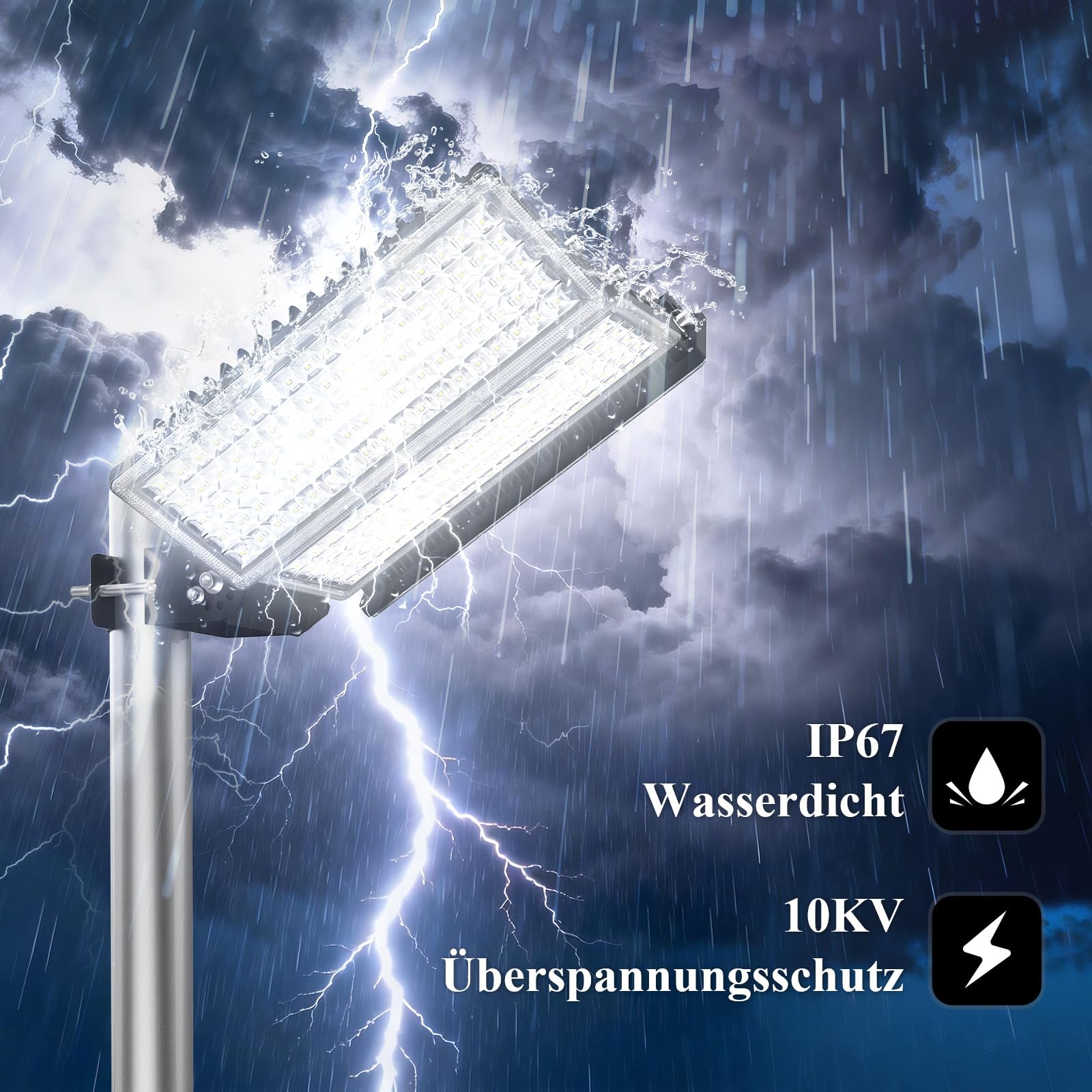 300W LED Flutlicht 42000LM, 3 Köpfe Straßenlampe 6500K | IP67 Wasserdicht & Robust, Flimmerfrei, 10KV Blitzschutz. Festverdrahtung. 180° verstellbarer. Für 45-65mm Mast, Garten