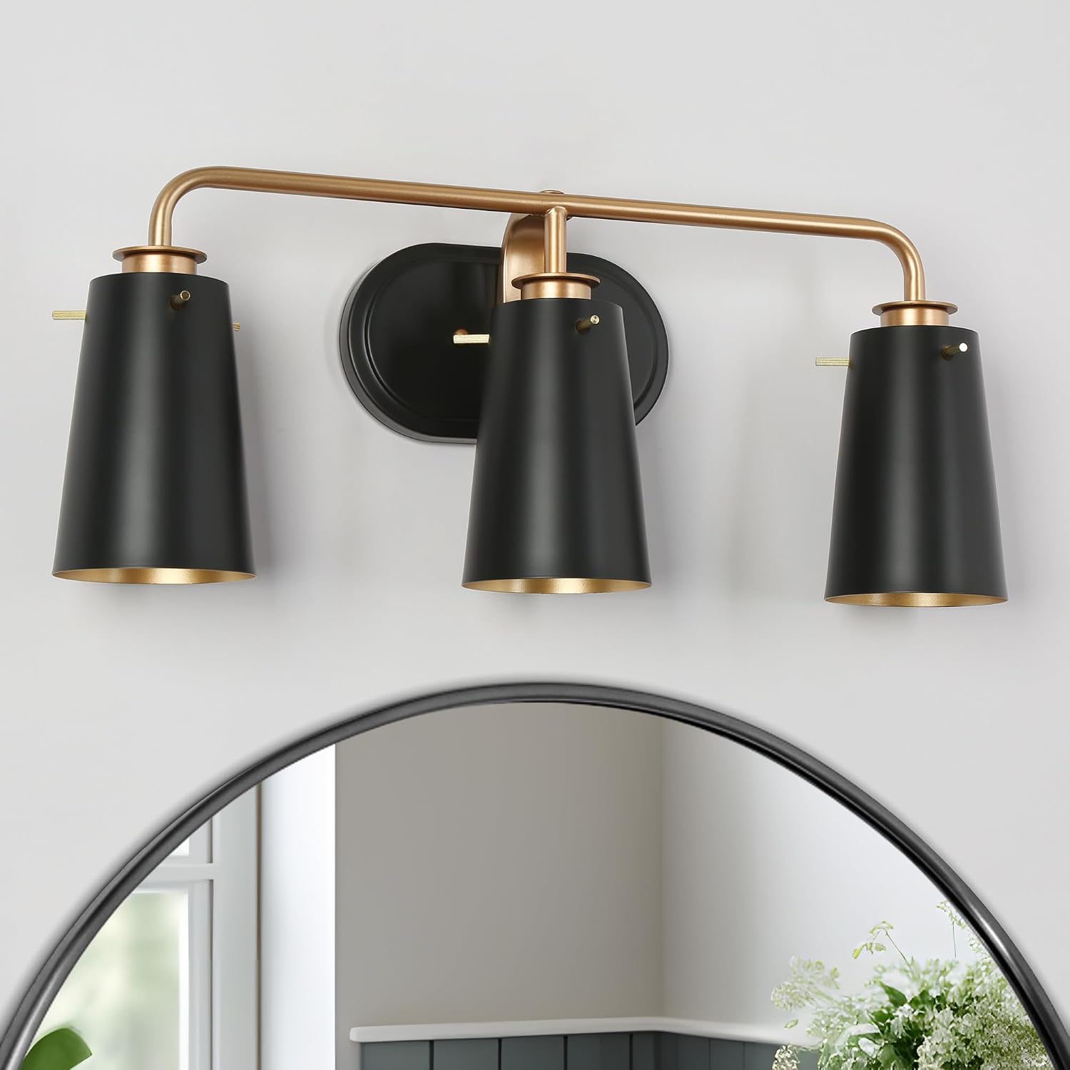 KSANA Black Gold Bathroom Light Fixture, Modern 3-Light Vanity Light with Metal Shade, Farmhouse 22.5”L Vanity Lighting Over Mirror