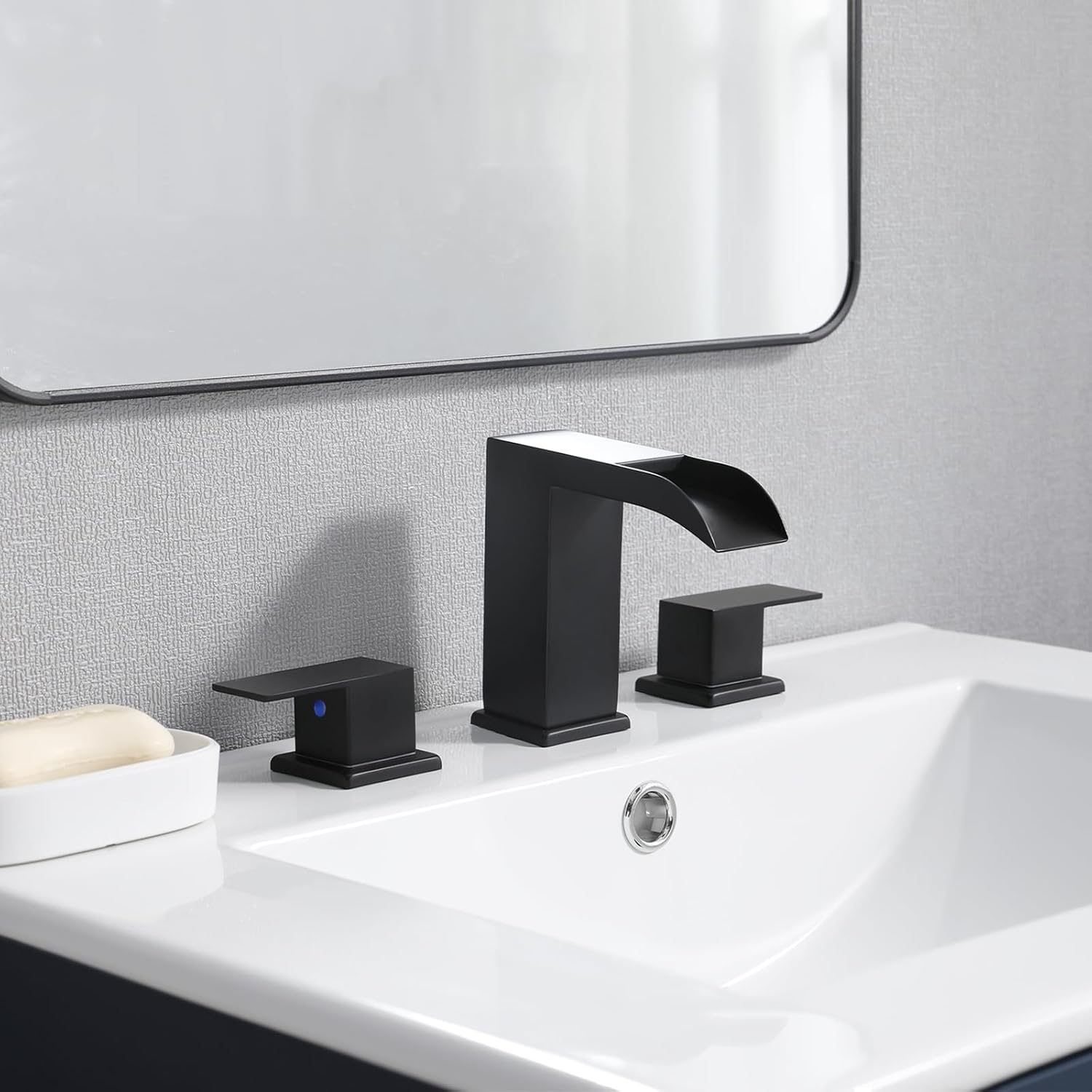 Black Bathroom Faucet 3 Hole, 8 Inch Widespread Waterfall Bathroom Sink Faucet, Matte Black Vanity Faucet with Pop-Up Drain and Hoses for Bathroom Sink Vanity Rv