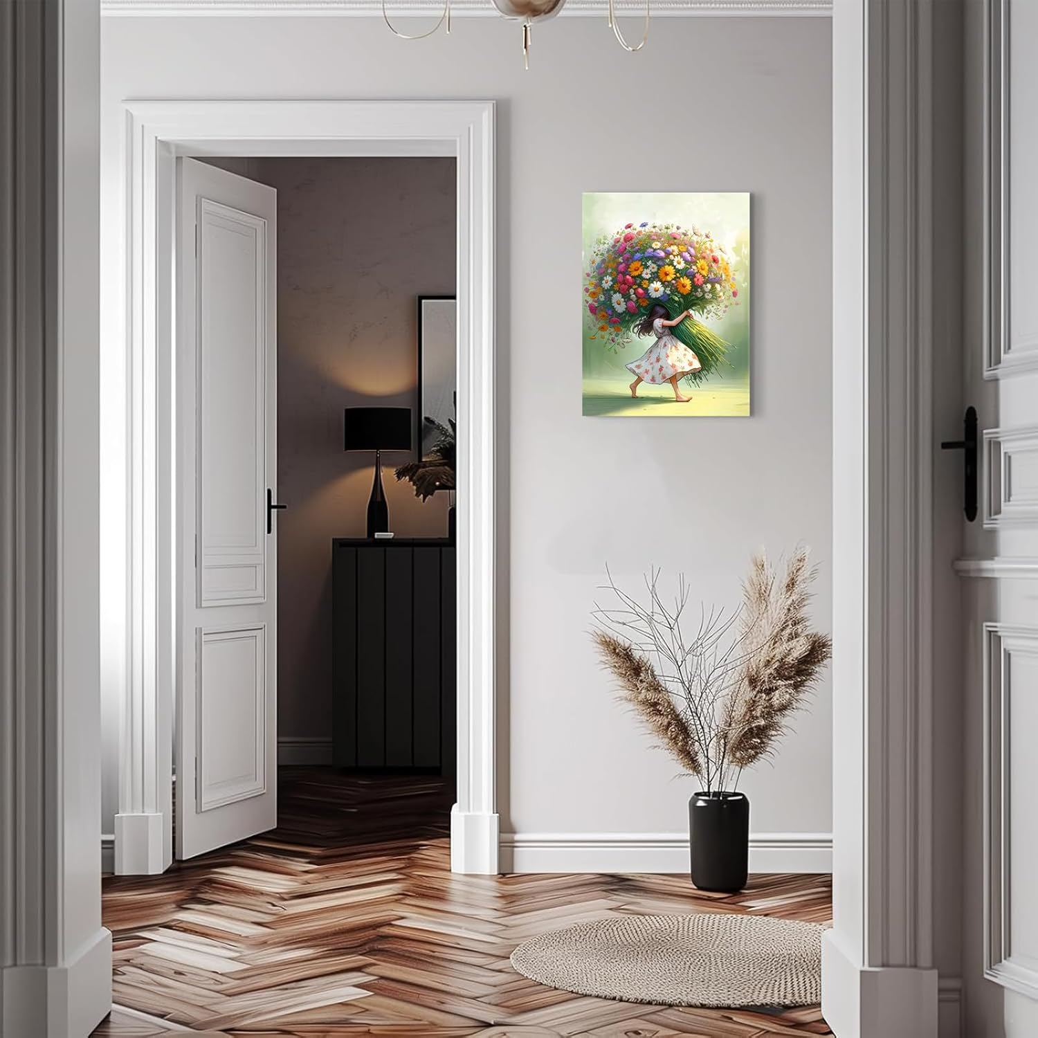 Girls Floral Wall Art Girls Room Canvas Wall Decor Girl Hugging Flowers Poster Prints Kids Room Wildflowers Painting Pictures Nursery Kindergarten Wall Art for Living Room Bedroom （16x24in Canvas）