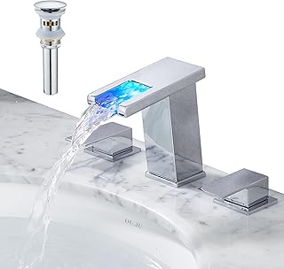 Widespread Faucet with LED Light for 3 Hole Chrome, 8 inch Widespread Modern Waterfall Bathroom Faucet with Pop Up Drain and Supply Hose, Waterfall Bathroom Sink Faucet Vanity Faucet