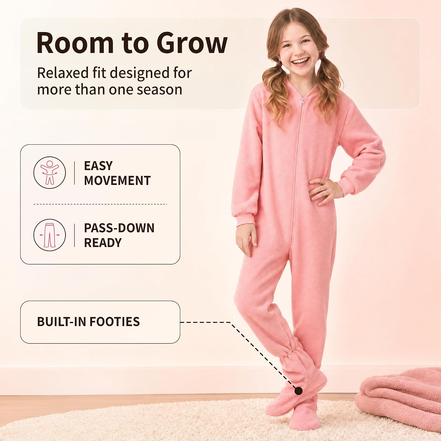 BIG FEET PAJAMA CO. Footed Onesie Girls Pajamas - Fleece Zip Up One Piece Kids Pjs, Teen Sleepwear, Pink Girls Sizes 6 to 16