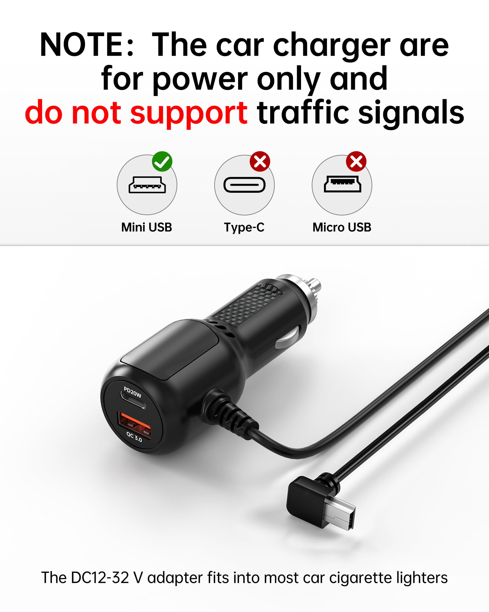 VASTHOME Cargador de coche mini USB de 11.5 pies (138 pulgadas) para Garmin GPS, Nuvi, Dezl, Drive y Dash Cam | Cable de alimentación de vehículo de 12-36 V PD20W QC18W - Sin función de tráfico, 2