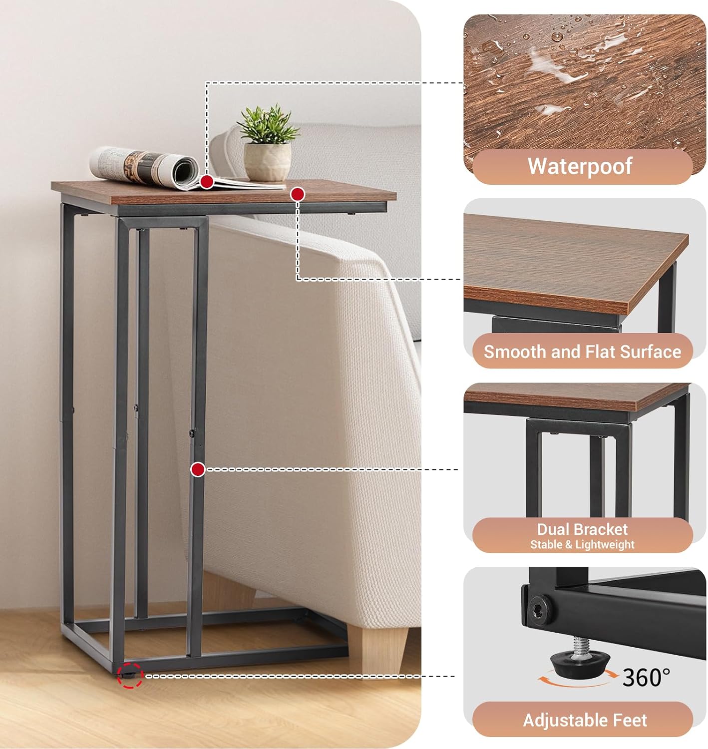 C-Shaped End Table - Slim Slide-Under Couch TV Tray Side Table image 4