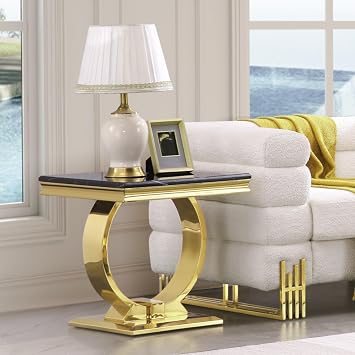 طاولة جانبية ذهبية من ACEDECOR، طاولة جانبية مربعة باللون الأسود اللامع مع قاعدة على شكل حرف U من الذهب المصقول، طاولة جانبية معدنية لغرفة المعيشة والمكتب والشقة