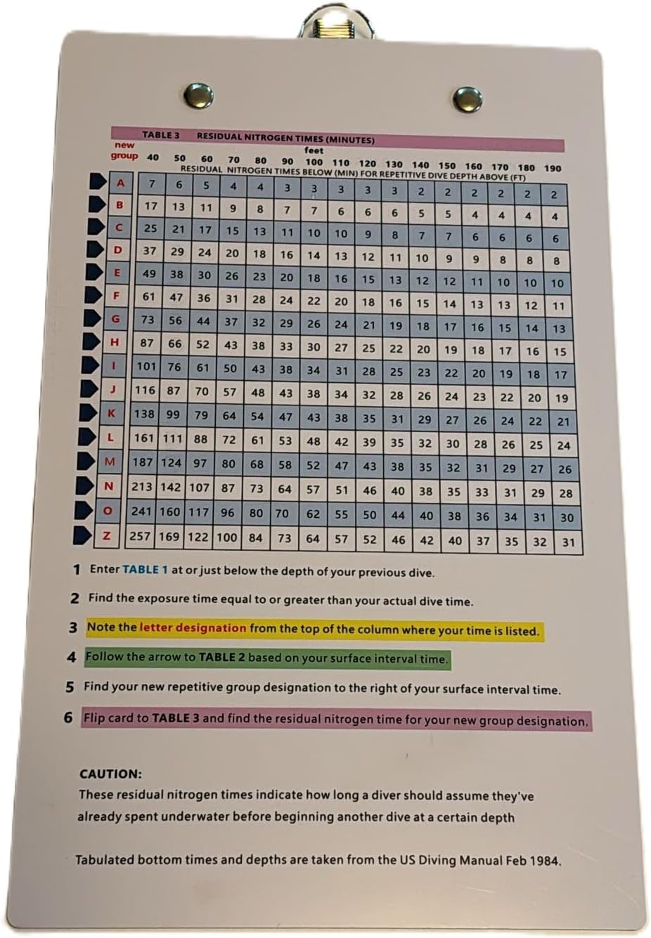 Dive Instructor's Clipboard with No Decompression Dive Tables (240 x 150 mm / 9.4 x 5.8 in)