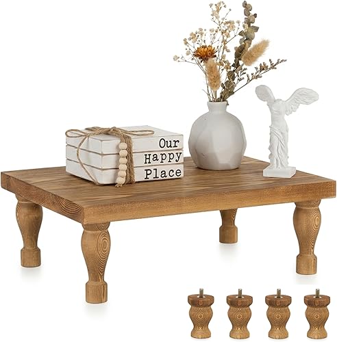 Vista 10 de Hanobe Bandeja Decorativa con Soporte de Madera: Soporte de Exhibición de Pedestal de Madera de Granja, Bandeja Rústica Marrón para Centro de Mesa