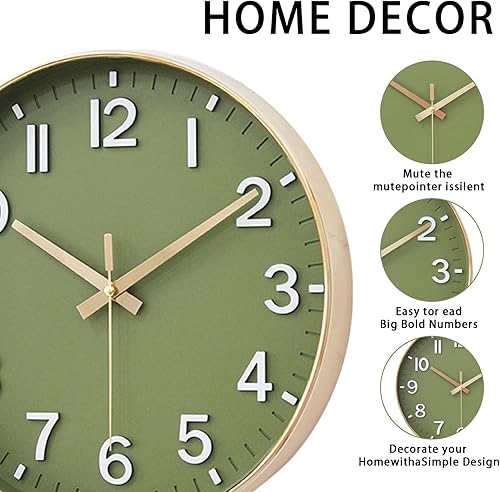 Miniatura 2 de HZDHCLH Reloj de pared con pilas, reloj de pared dorado verde, reloj de pared de 8 pulgadas, silencioso, sin tictac, números 3D modernos para