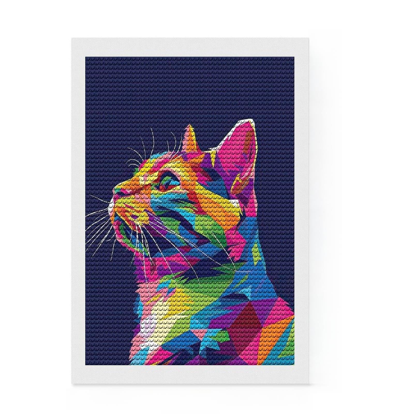 Junmoney Vibrant Geometric Cat Round Drill Diamond Painting 8"x12", for Women, Fun Craft Experience, Bedroom Decor, Holiday Gift Idea