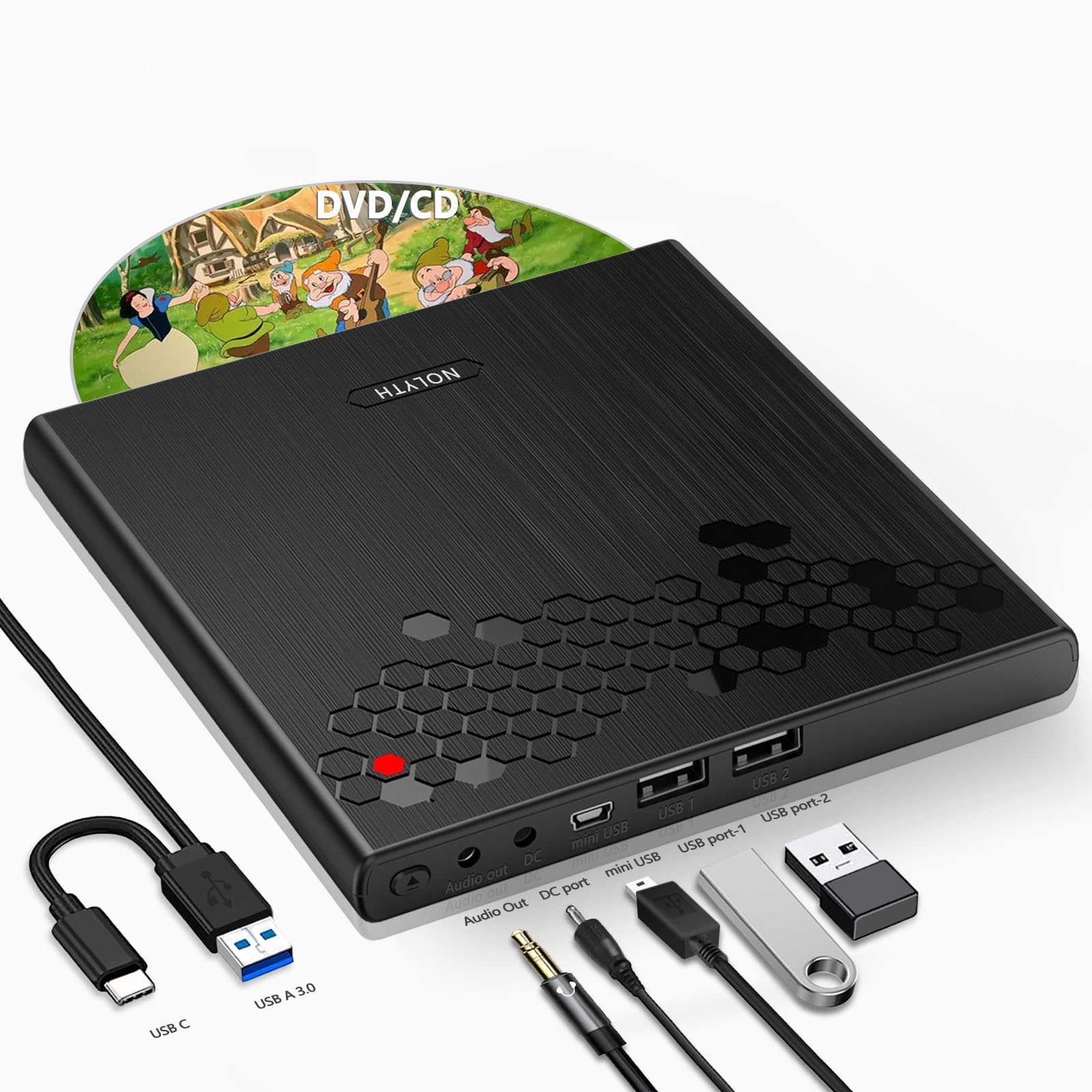 NOLYTH External CD Drive for Laptop: USB C DVD Drive External with 1 Audio 2 USB Slots - Portable Slot-in Burner with Eject Button Plug & Play for Mac MacBook PC Windows 11