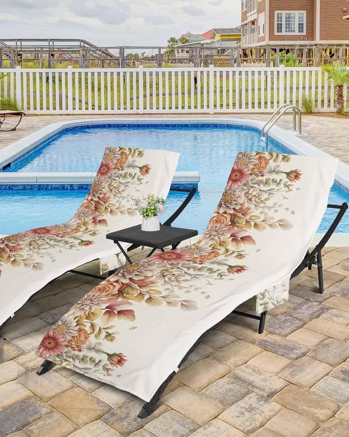Country Eucalyptus Flowers Beach Pool Patio Lounge Chaise Chair Cover Towel With Pockets,Absorbent & Quick Dry Microfiber Towel Cover Bag Summer Accessories Fall Farmhouse Leaves Rose Dahlia Floral