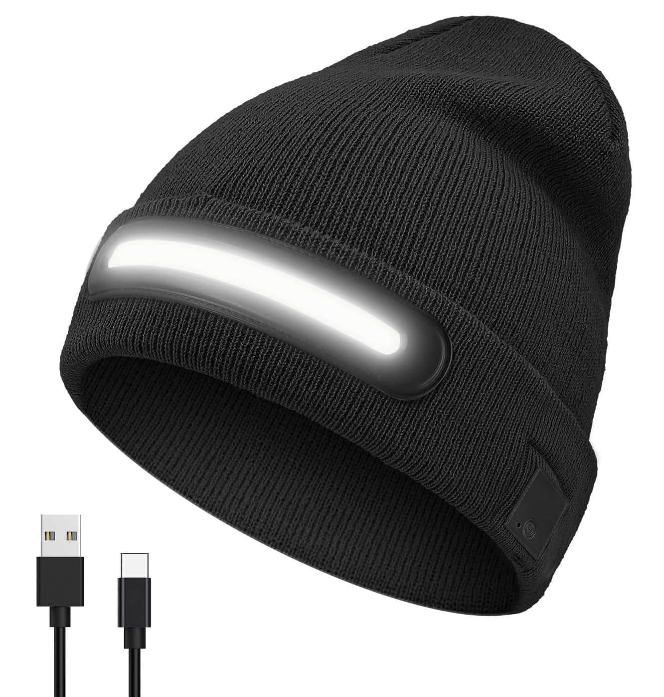 Getsuna Rechargeable LED Headlamp Cap with Lights, Unisex Beanie Hat with Light, Winter Hat with Light Built in, USB Rechargeable Warm Knitted Cap for Walking, Running, Camping, Hiking - Black