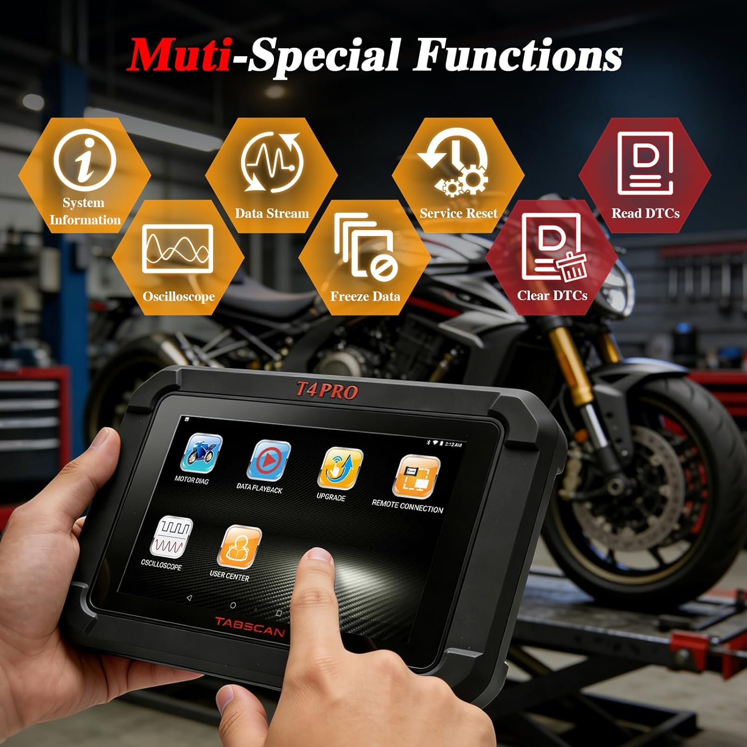 Motorcycle Diagnostic Scanner with Oscilloscope, Professional OBD2 Motorcycle Scan Tool for Harley Honda Yamaha Kawasaki Suzuki BMW Ducati KTM, Ignition Coil Waveform Test, 7'' Tablet, Full System