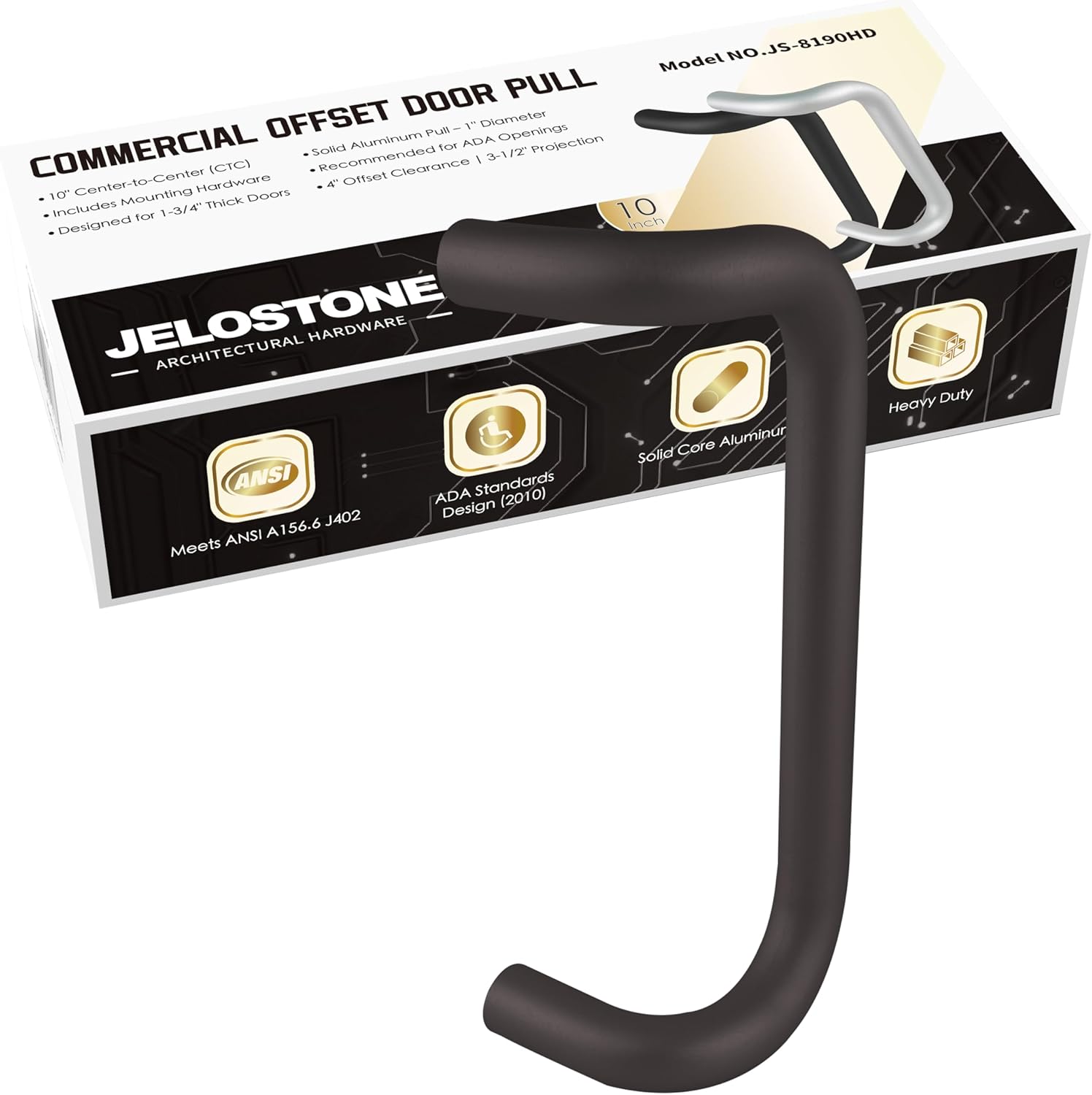 Aluminum 90-Degree Offset Solid Door Pull (Black Anodized), 1" Diameter x 10" Center-to-Center, Through Bolt Mounting for 1-3/4" Door, JS-8190HD