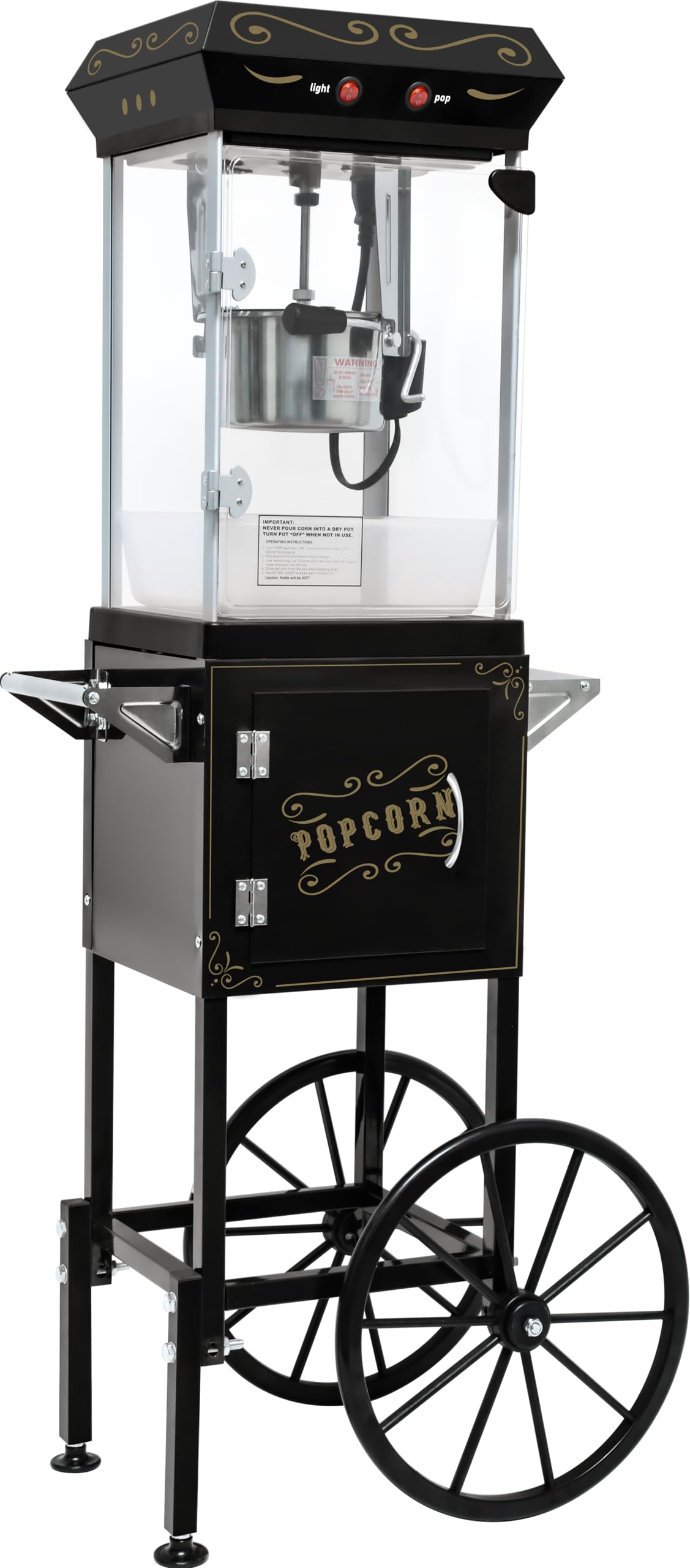Popcorn Machine with Cart &amp; Wheels 丨 Popcorn Maker Machine with 6OZ Stainless Steel Kettle丨 Pop corn Machine Maker for Home, Theater, Parties, Black