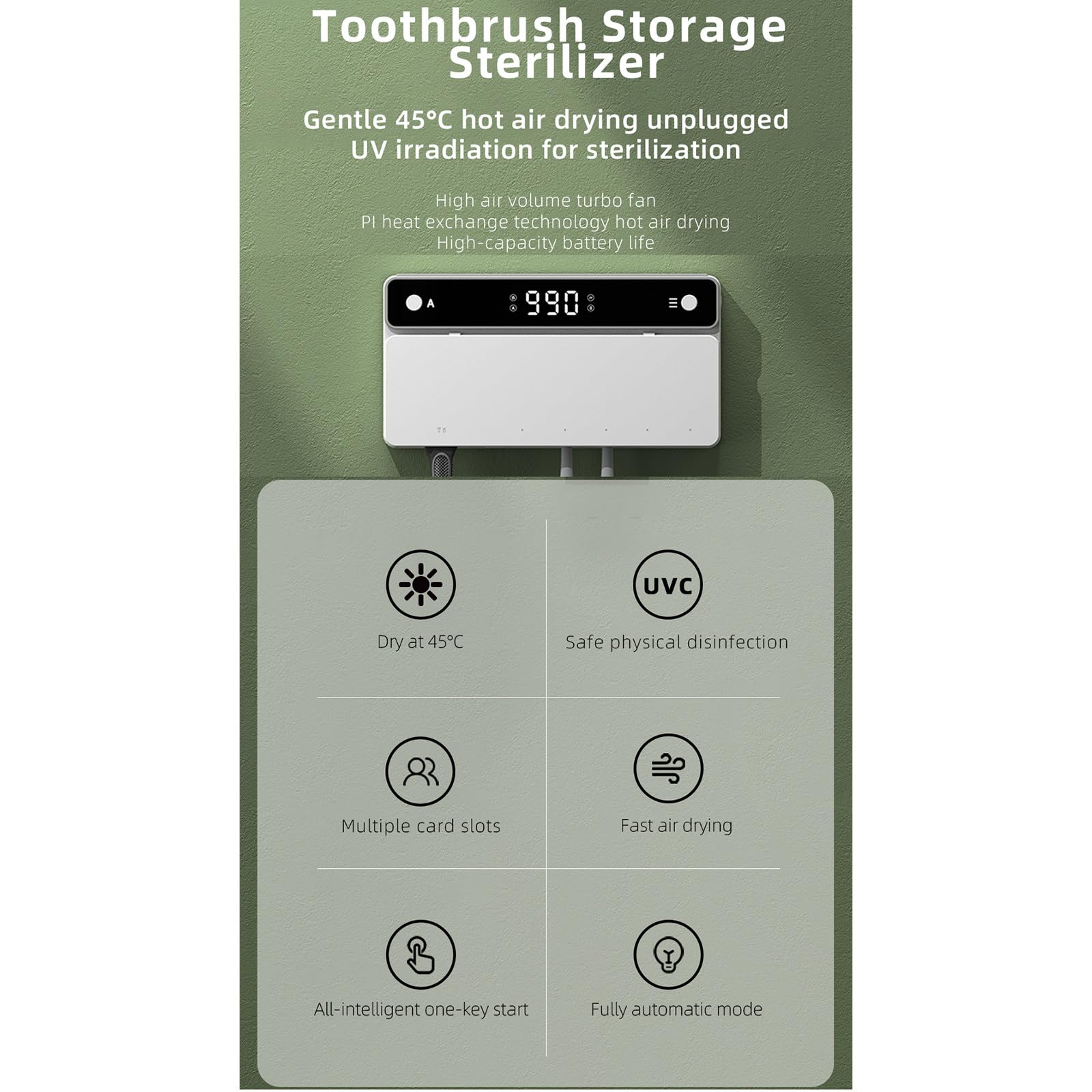 Cepillo de Dientes Inteligente, esterilización UV, Secado, circulación automática, Soporte montado en la Pared, Cepillo de Dientes, artículos de baño Inteligentes,White