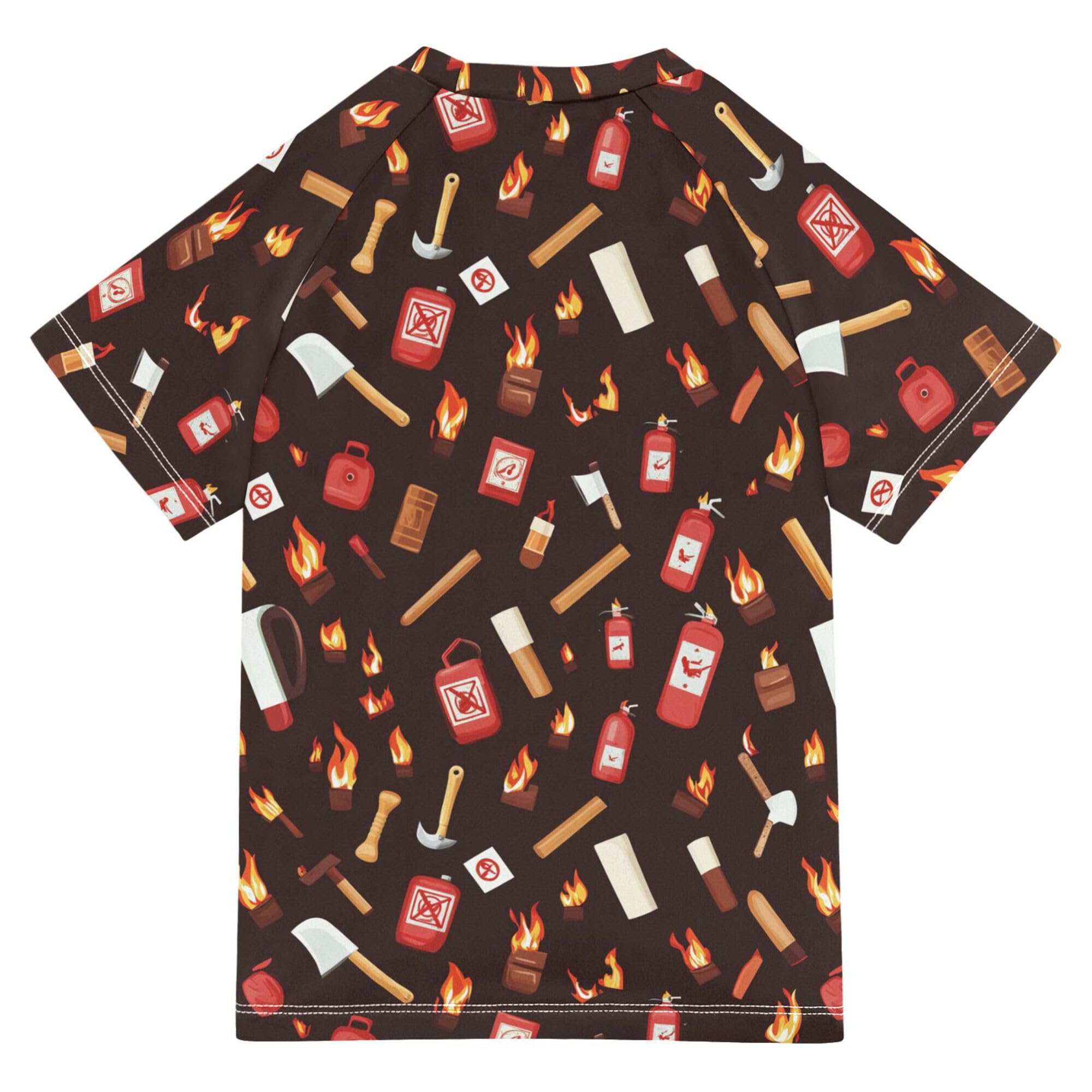 Firefighter Fire Extinguisher Brown Bathing Suit Girls Sun Protection Girls Rash Guard Top Swimwears Baseball Shirts for Little Boys 11-12Y