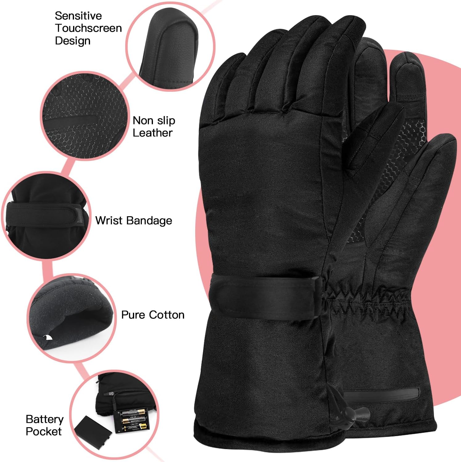 Heated Gloves, Winter Electric Warm Gloves for Men Women, Automatic Thermostat | Waterproof Winter Touchscreen Warming Gloves Outdoor Work | Ski | Hunting | Fishing | Motorcycle | Cycling, Black L