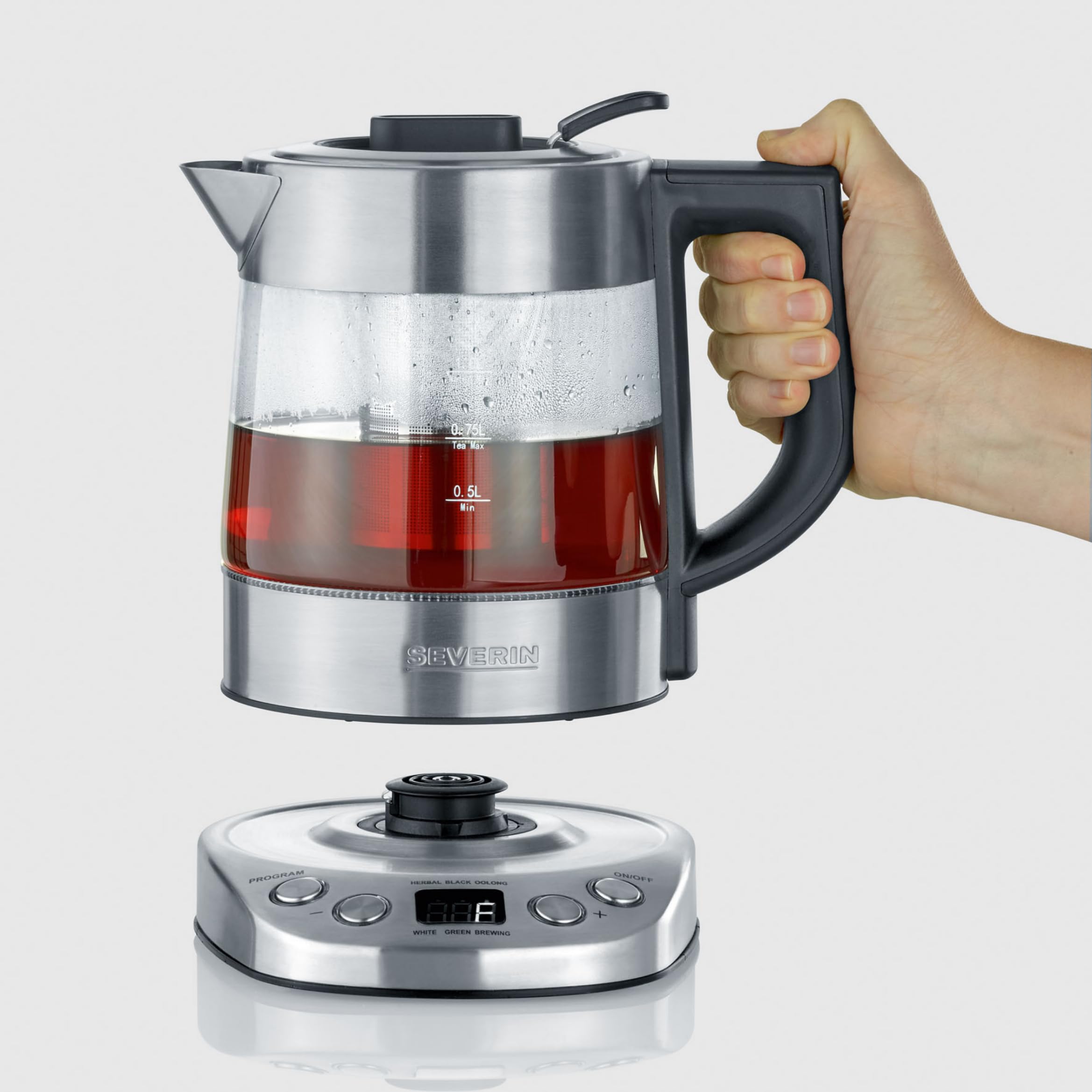 SEVERIN Glas Tee- und Wasserkocher Mini Deluxe (1.0L Wasser / 0.75L Tee), Teekocher mit einstellbarer Temperatur und Ziehzeit, Glas Wasserkocher mit voreingestellten Teeprogrammen, 2.200 W, WK 3473