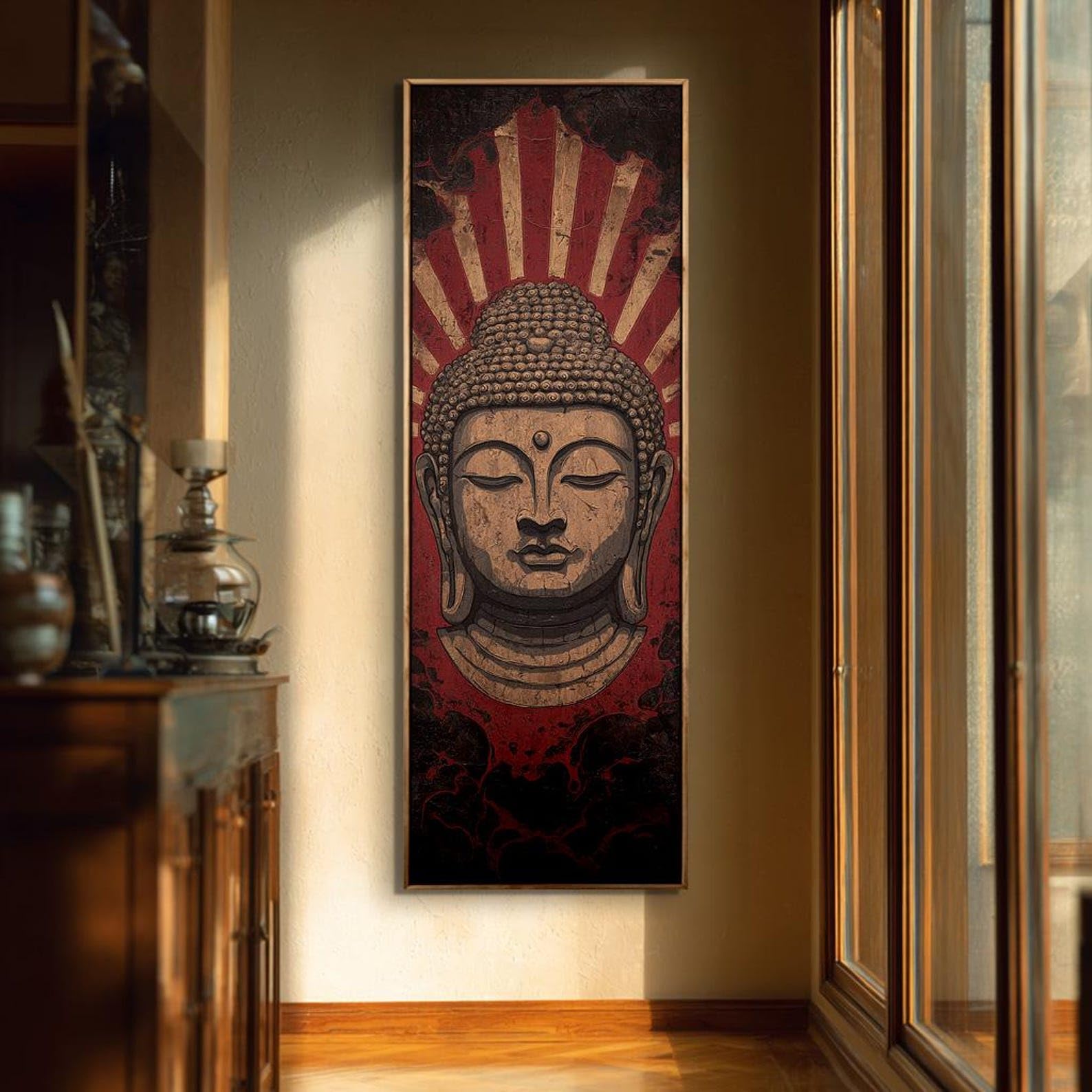 XBTYKPB Lienzo decorativo para estudio de yoga, alto y estrecho, para meditación, decoración zen, pieza decorativa espiritual delgada, arte mural de Buda vertical (60x180cm/marco interior)