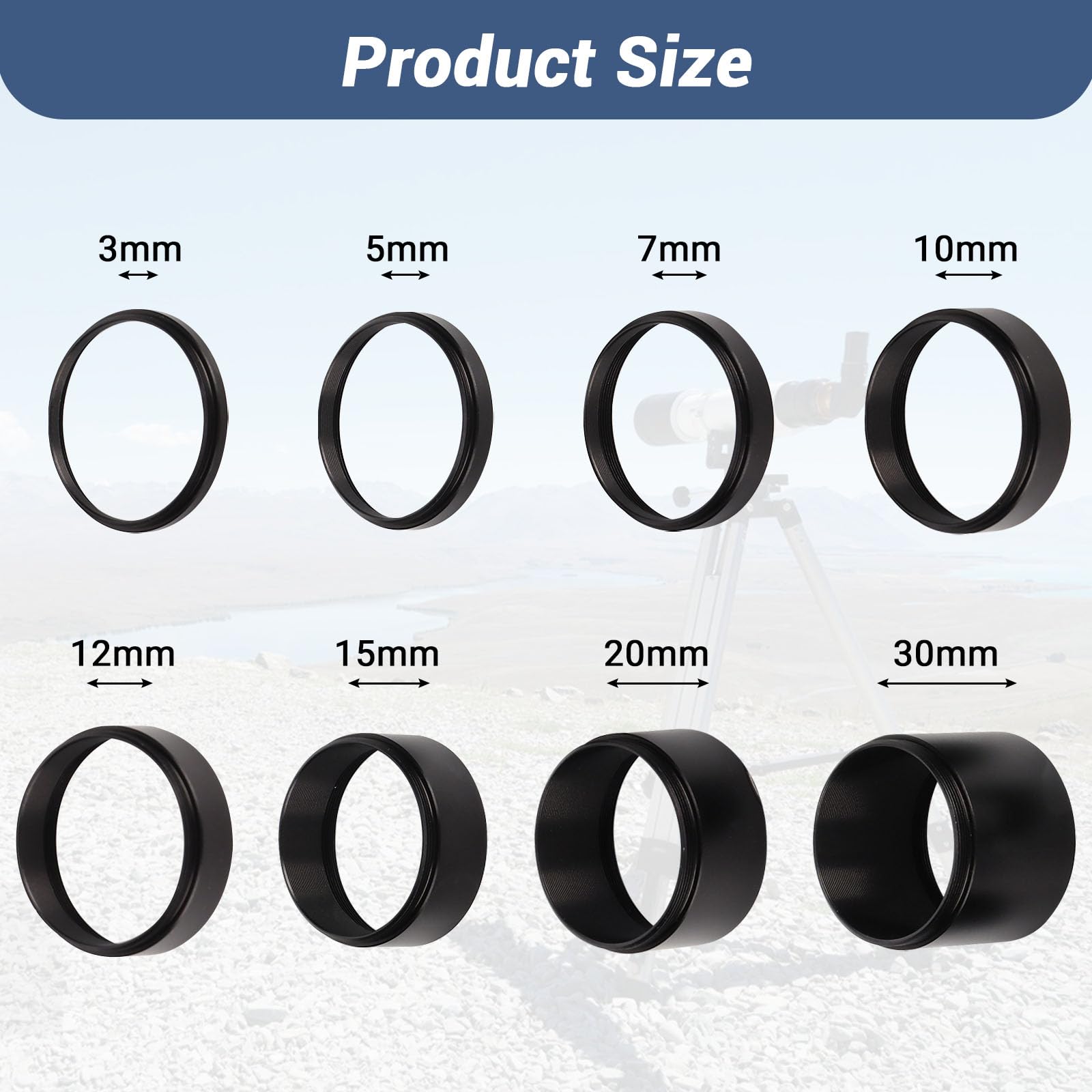 GAESHOW Kit de 8 Tubes D'extension, Distance Focale 3/5/7/10/12/15/20/30mm, Alliage D'aluminium, M42 x 0,75mm Anneau D'extension Accessoires de Photographie pour Télescope