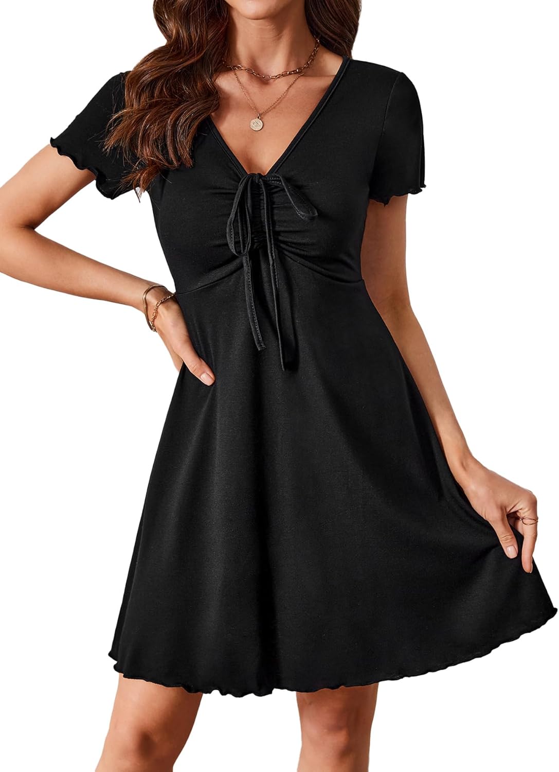 SweatyRocks Women's Elegant V Neck Lettuce Trim Drawstring Knot Front Dress Short Sleeve A Line Fit and Flare Dress