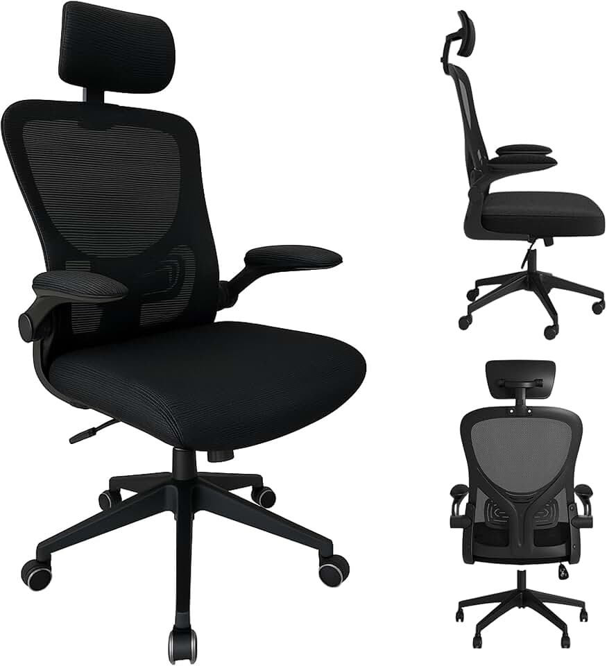 Cadeira de Escritório Ergonômica Giratória, Malha Respirável, Estofado Mesh, Modelo Tipo Presidente Confortável c Mecanismo de Elevação e Inclinação, Rodinhas silenciosas. Preta | HYATTO OFFICE |