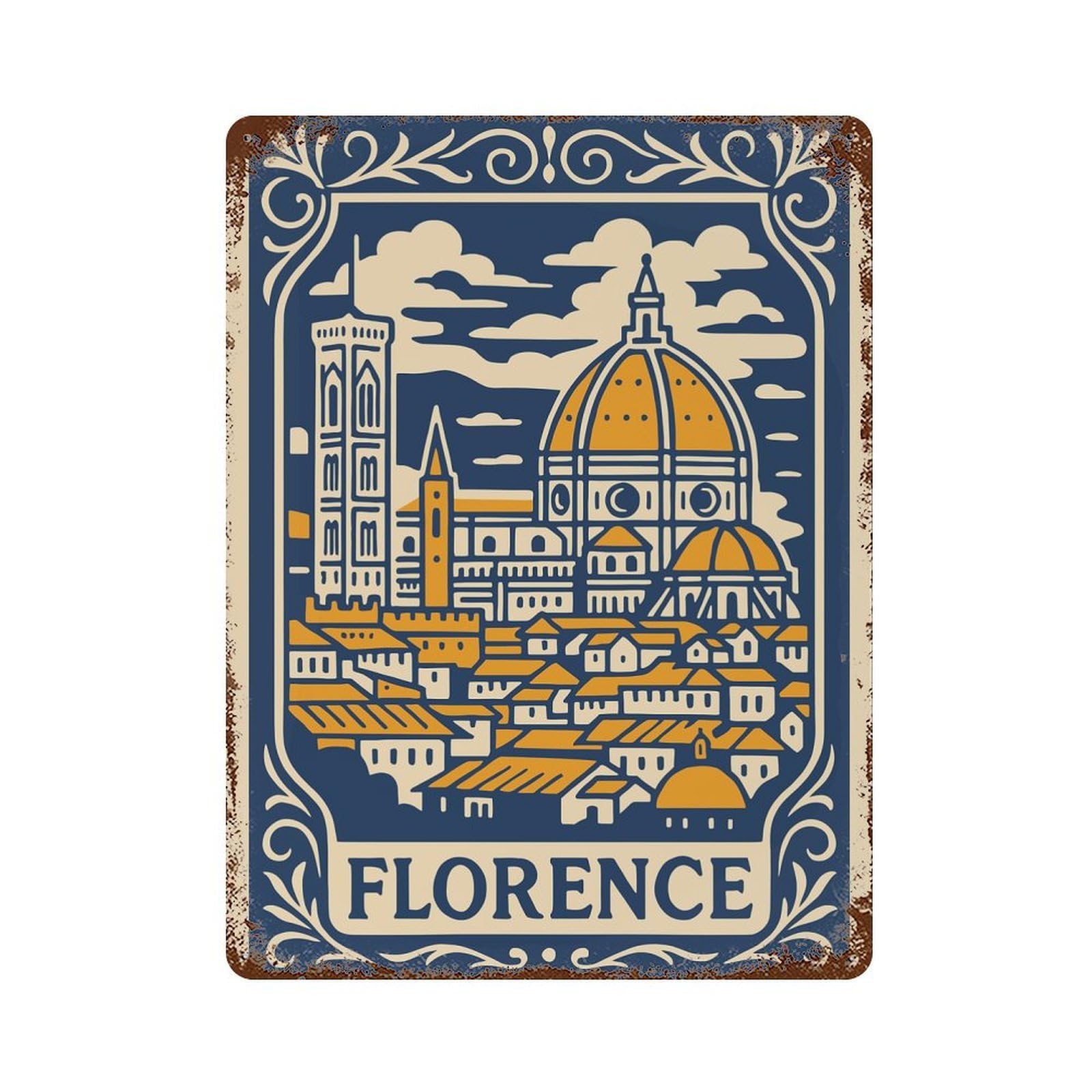 Florence Cityscape Illustration Aged Metal Wall Plaque 15.7"x11.8", Classic Wall Plaque for Garage, Pub Or Kitchen