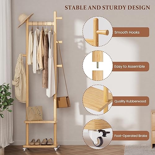 Miniatura 3 de Solid Wood Coat Rack Freestanding Clothing Rack with Wheels & 2 Shelves Storage & 5 Hooks Heavy Duty Clothes Rack Wood Coat Tree Stand Hat Hanger
