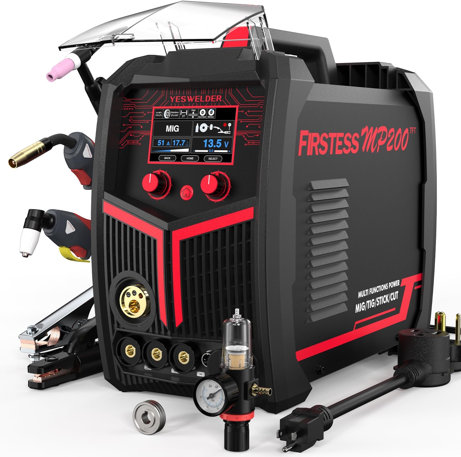 Plasma Cutter Welder Combo Gas MIG/Gasless MIG/Lift TIG/Stick/CUT 5 in 1 Welding Machine FIRSTESS MP200 Multi Process Welder