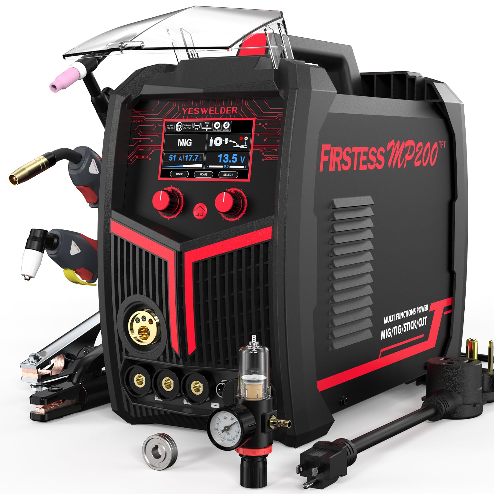 YESWELDER Plasma Cutter Welder Combo Gas MIG/Gasless MIG/Lift TIG/Stick/Cut 5 in 1 Welding Machine FIRSTESS MP200 Multi Process Welder