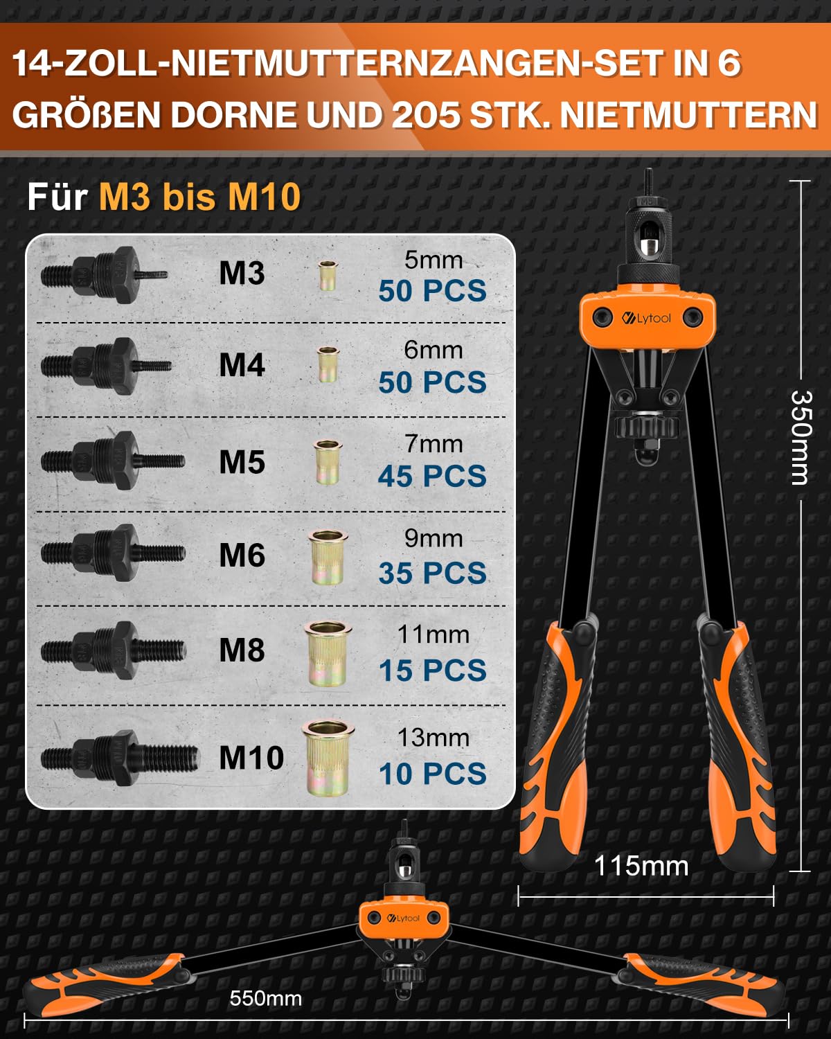 Nietmutternzange Set, Lytool Blindnietmutternzange mit 205 Stk. Nietmuttern in 6 Größe Dorne Nietmaschine Gewinde Nuss Nieten