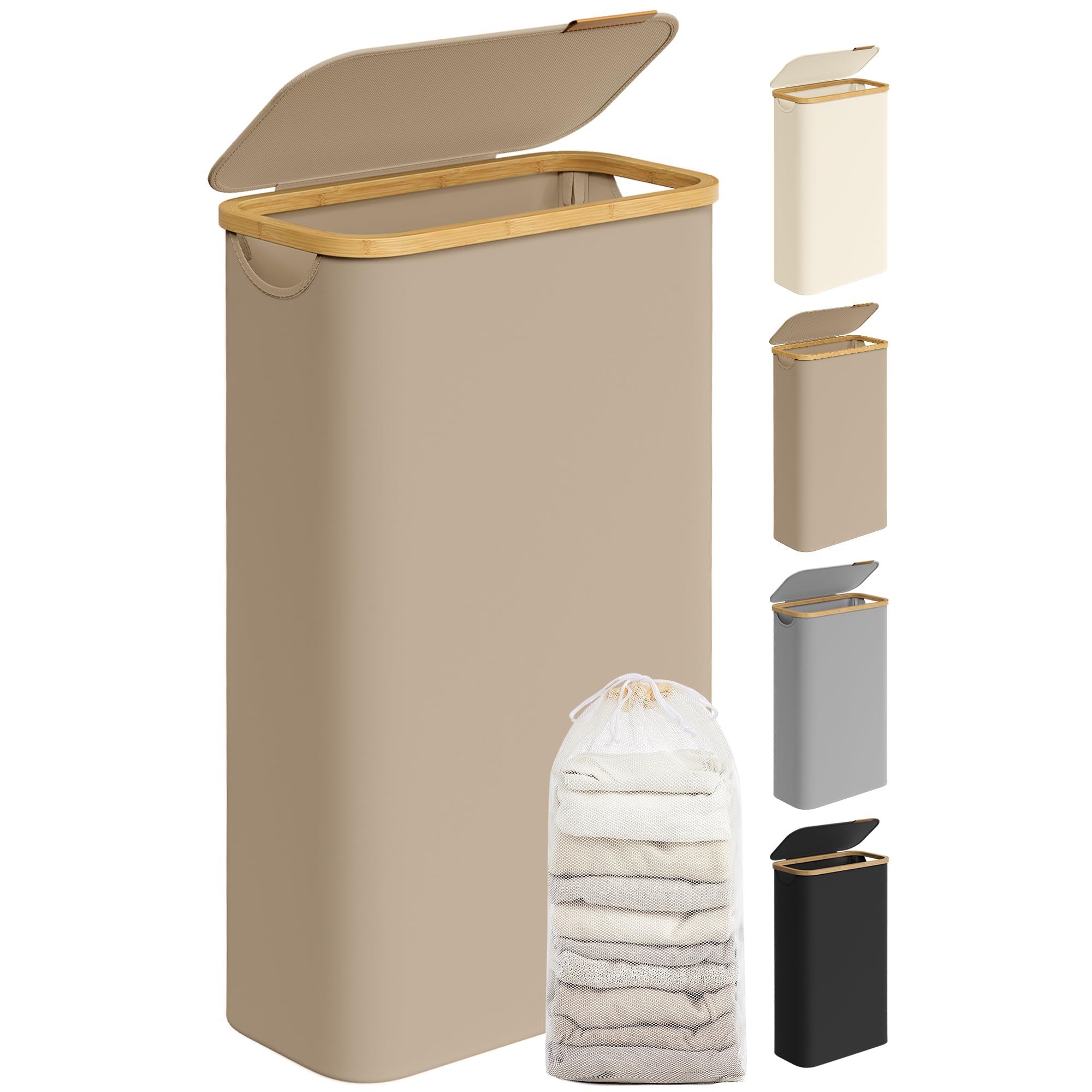 SONGMICS Laundry Basket with Lid, Slim Laundry Hamper, 65 L, Space-Saving, Removable Mesh Liner, Oxford Fabric