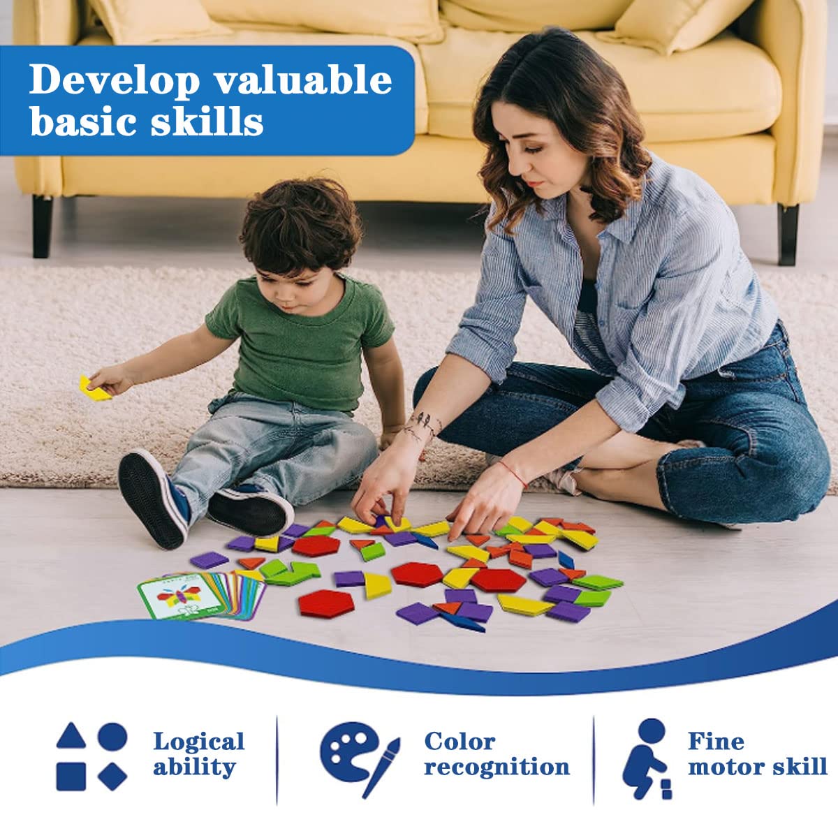 LiRiQi Drewniane puzzle Tangram, klasyczne zabawki edukacyjne Montessori, 180 elementów o geometrycznym kształcie i 24 karty projektowe, prezenty dla małych chłopców dziewczynek dzieci 3, 4, 5, 6 7