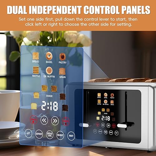 Miniatura 2 de whall 4 Slice Touch Screen Toaster, Stainless Steel Toasters Digital Timer, Dual Control Panel Toasters6 Shade Settings6 Bread Types, Smart Wide