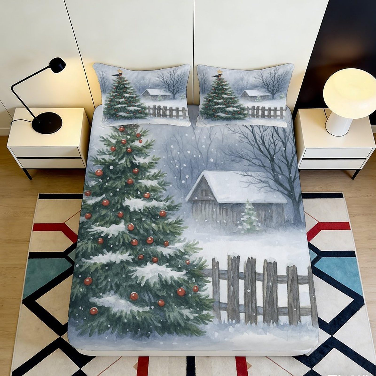 Pnayamiorkfel Style-8 3D Printed Snowy Christmas Tree Fitted Sheet Microfiber Soft Bed Cover Winter Cabin Bedroom Decor Protection 90X200x25cm