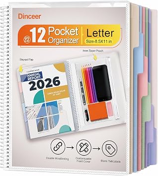 12 Pocket Spiral Project Organizer Folder, Morandi Color Multi Pocket Folder with Inner Zipper Pouch for School, Office, Bills and Documents