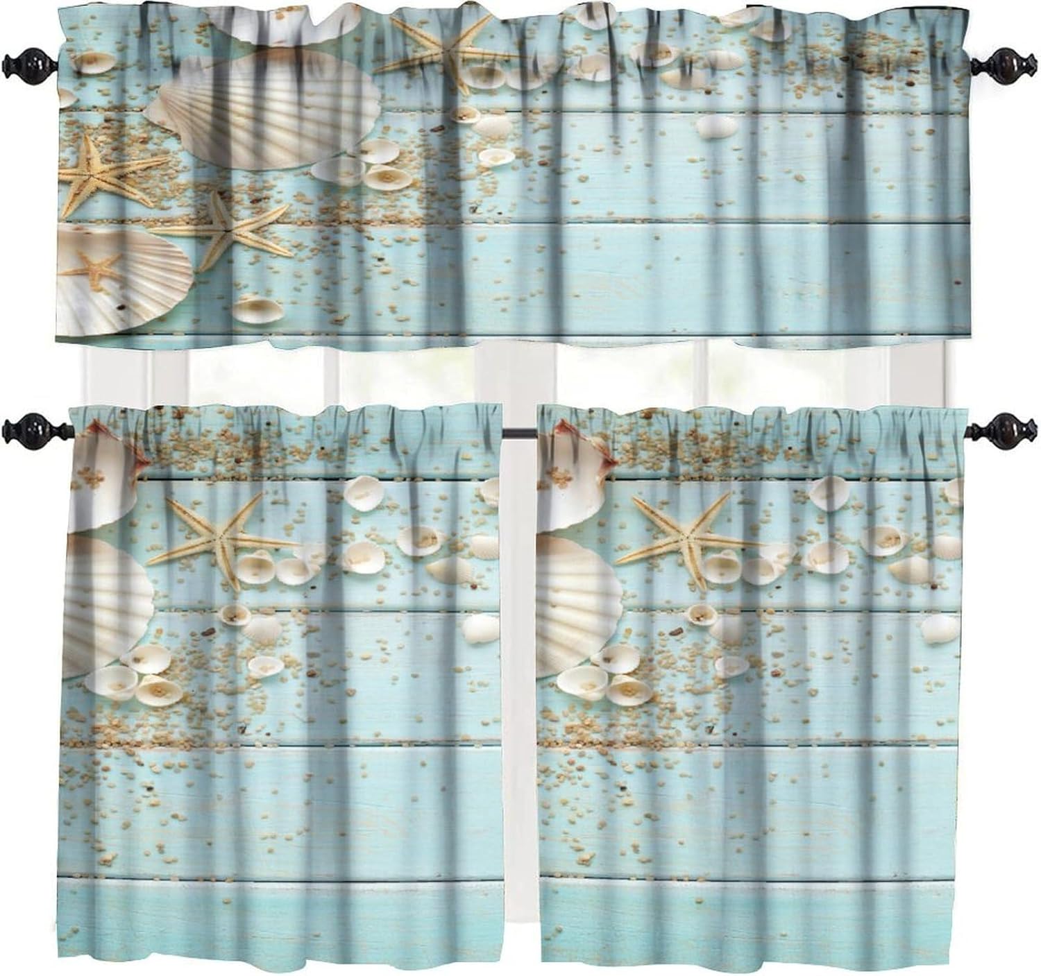 Seashell Wood Plank Kitchen Curtains Starfish Valances Set Tier Curtains,Rod Pocket for Dining Room Office Cafe Living Room Bedroom 54 x 18 inches + 27 x 24 inches *2