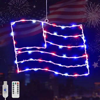 Luxspire 4th of July Decorations, American Flag Window Light with 45 LEDs, USB Powered, 8 Modes & Timer