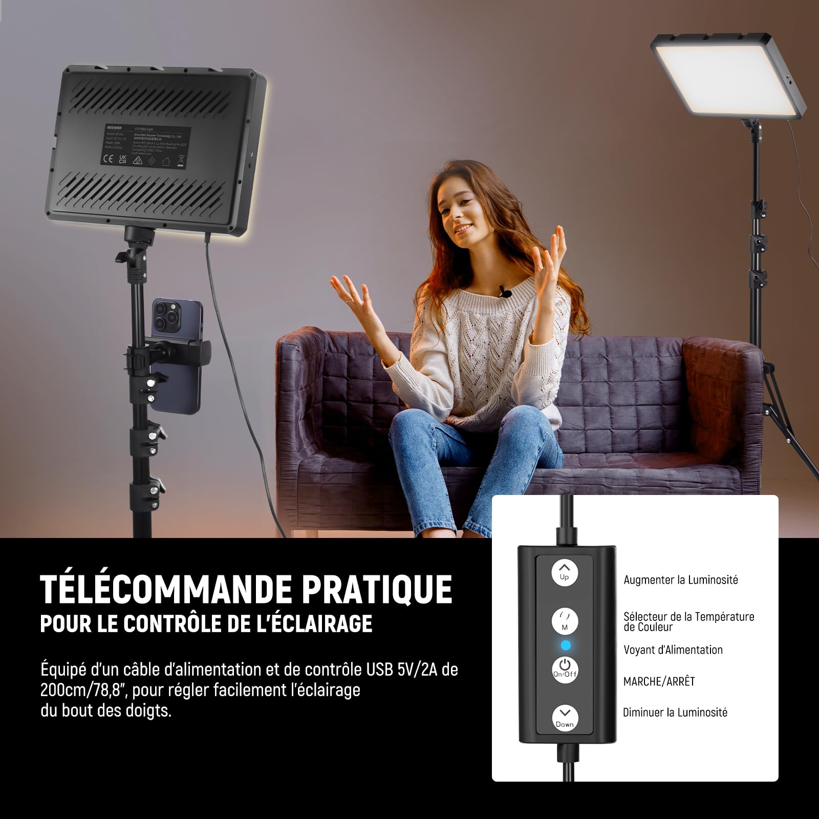 NEEWER BASICS Kit d'Lampe Photo, 2 Panneau LED, Bicolore 2700-6500K, Intensité Variable, avec 2 Trépieds de 59 pouces et 2 Supports de Téléphone,850lux pour Vidéo Photographie Tournage Streaming,BP300
