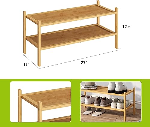 Miniatura 2 de BMOSU Zapatero de Bambú de 2 Niveles Premium Estante de Zapatos Apilable Organizador de Almacenamiento para Pasillo, Armario, Sala de Estar,