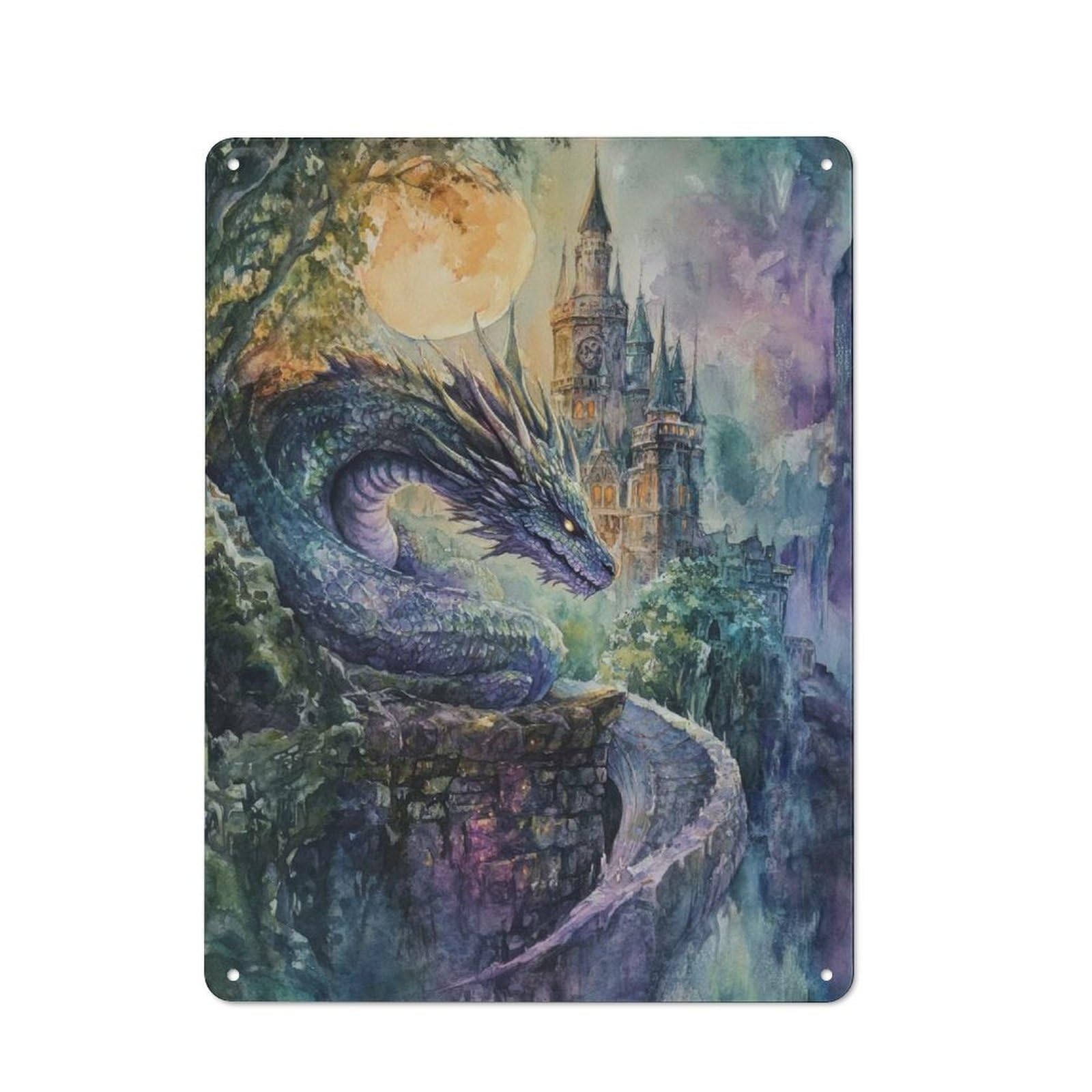 Junmoney Dragon And Castle Watercolor Tin Wall Plaque 40X30cm With For Bar Or Restaurant, Housewarming Present For People Styling Bar And Restaurant