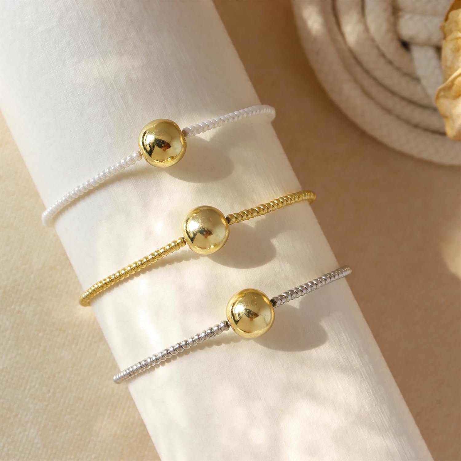 Small White Gold Silver Beaded Bracelets for Women, Handmade Adjustable Golden Ball Beads Strand Bracelet Fashion Jewelry Gift. - Image 7