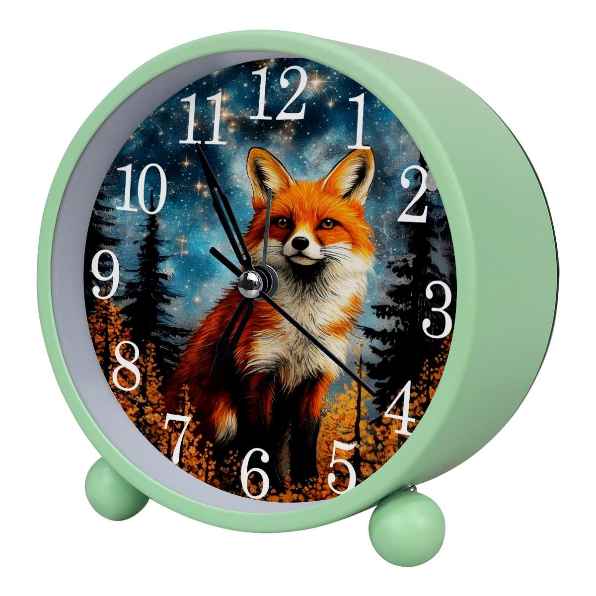 Luoweisi Alarm Clock Fox Starry Forest, Silent Non-Ticking with Night Light, Round Metal Alarm Clock for Office, Battery Operated, Bedroom, Elderly, Adults, Children, Student Gifts