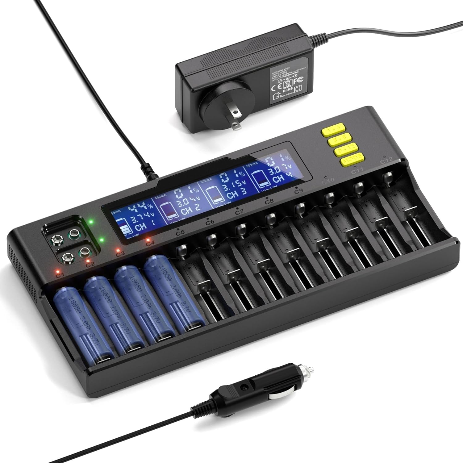 18650 Battery Charger, 12 Slots Batteries Charger with LCD Display, Universal Battery Charger for Li-ion LiFePO4 RCR123 16340 26650 10440 14500 & 9V,NiMH NiCd AAA AA