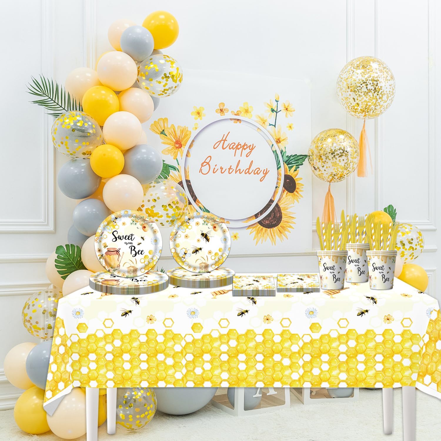 141Pcs Sweet As Can Bee Theme Party Supplies Tableware Set Bee Baby Shower Decorations for Birthday and more Serve 20 Guests
