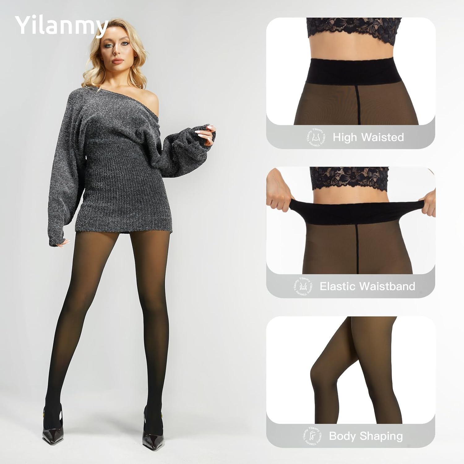 Yilanmy Women's Fleece Lined Tights, Fake Translucent Leggings Sheer Winter Warm Pantyhose Thermal Crotch One Seam Line - Image 3