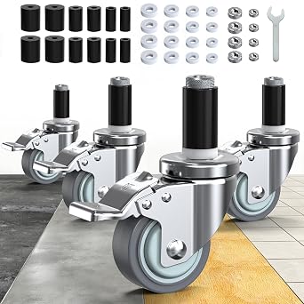 HOLKIE Caster Wheels Locking 3 Inch Expanding Stem Casters, Threaded Swivel Casters Set of 4 Heavy Duty Castors, Fit 1", 1-1/4", 1-2/5", 1-1/2",1-5/8" ID Stainless Steel Table, Cart, Furniture Legs