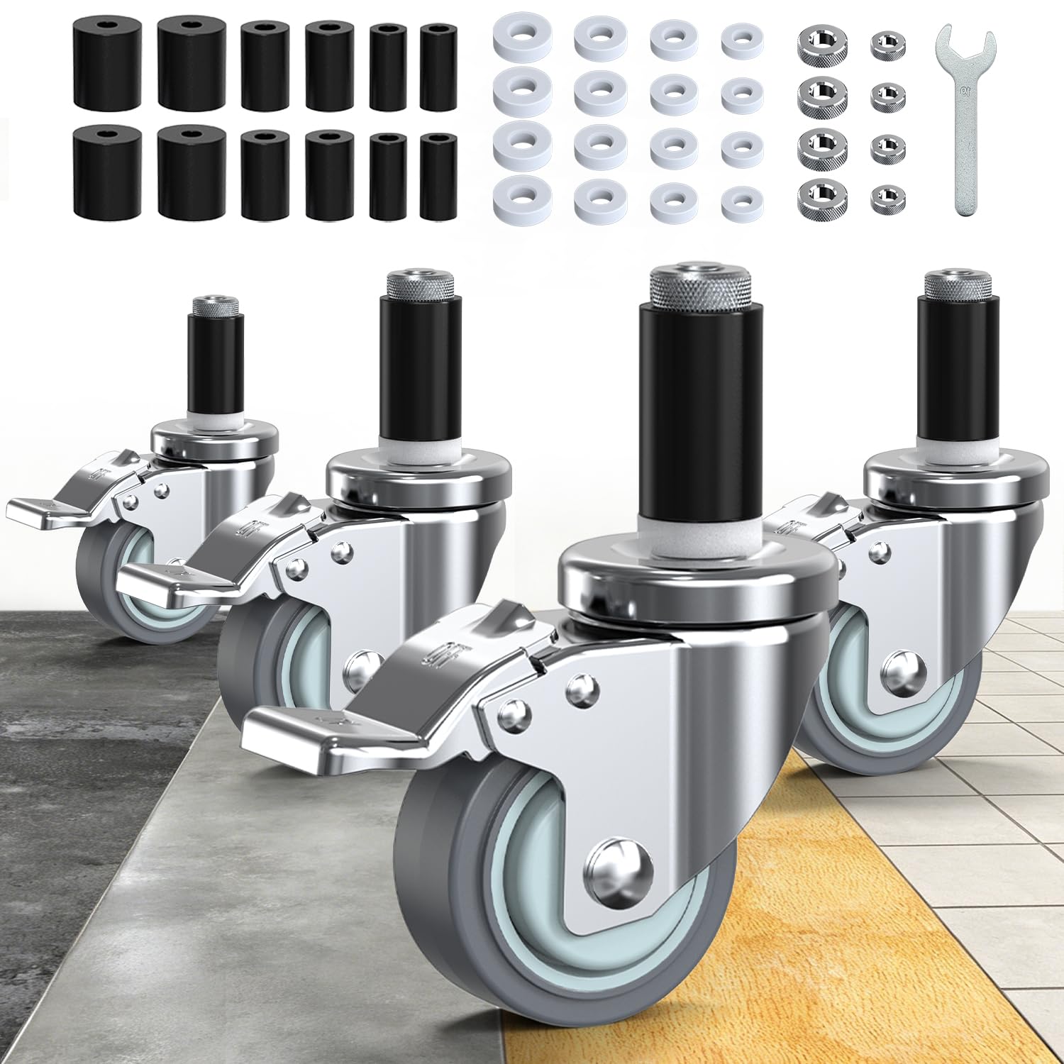 Photo 1 of [MISSING PARTS] HOLKIE Caster Wheels Locking 3 Inch Expanding Stem Casters, Threaded Swivel Casters Set of 4 Heavy Duty Castors, Fit 1", 1-1/4", 1-2/5", 1-1/2",1-5/8" ID Stainless Steel Table, Cart, Furniture Legs